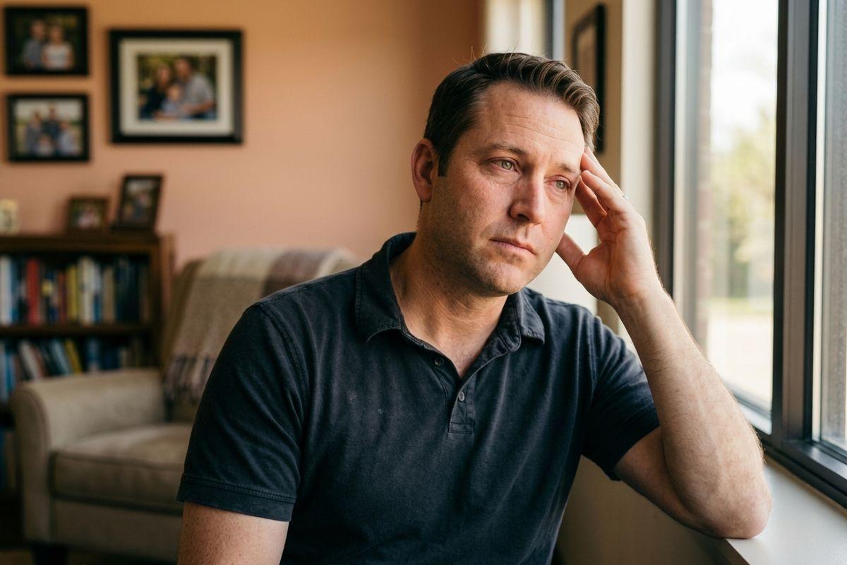 Adult with hand to head gazing out a window, looking pensive, in a room with framed photos and bookshelf.