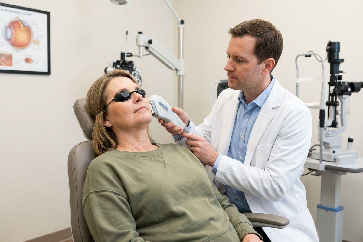 Optometrist uses a handheld device near the eye area of a patient wearing protective goggles reclined in an exam chair.