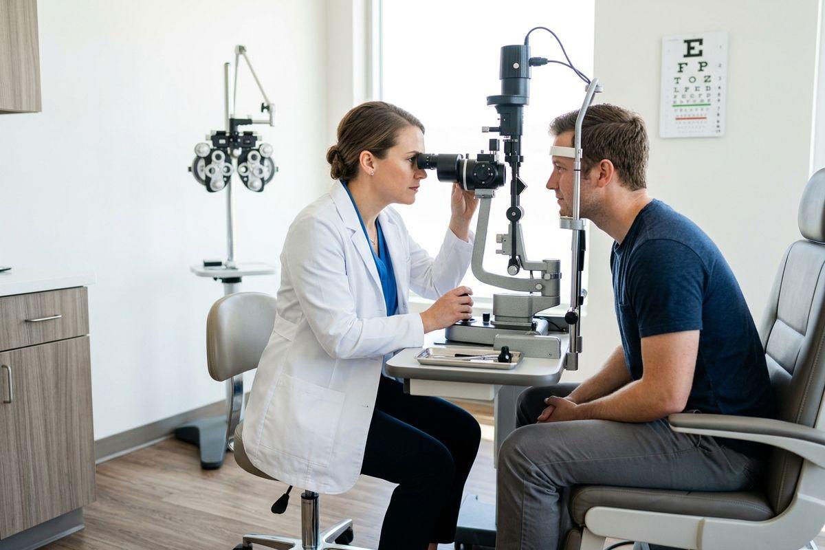 Optometrist examines a seated patient's eyes using a slit lamp in an exam room, with an eye chart on the wall.