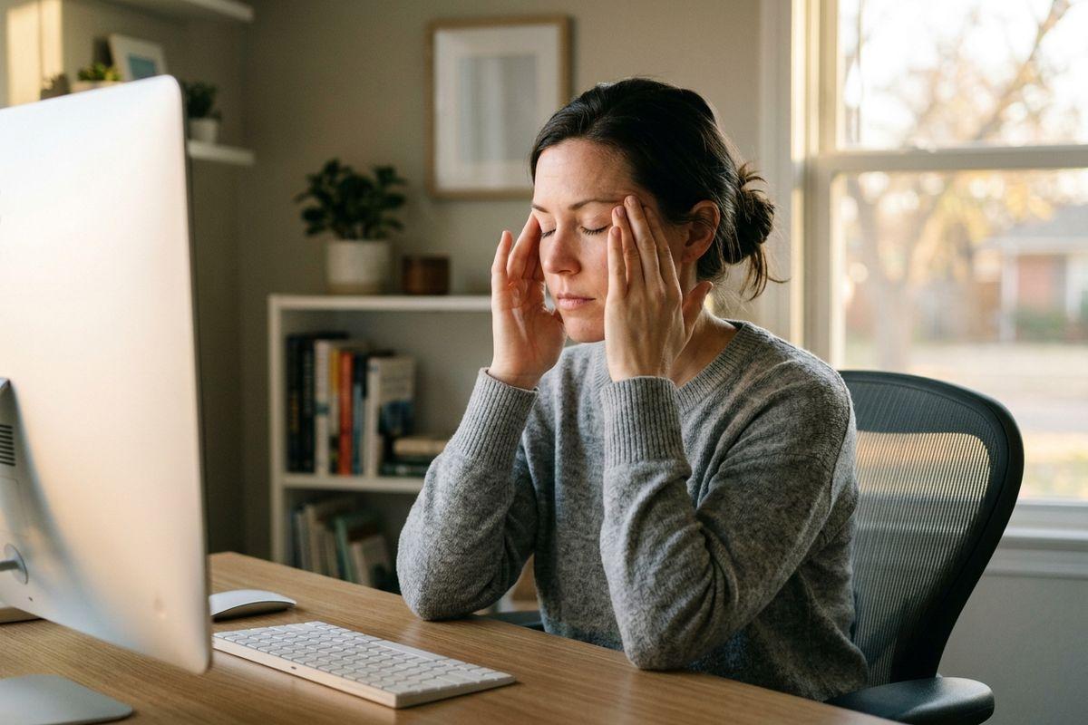 Person at a desk rubbing temples with eyes closed, in front of a computer near a window.