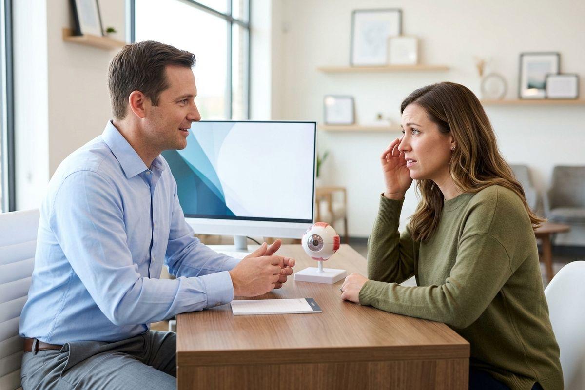 Optometrist talking with a concerned patient at a desk with an eye model and monitor.