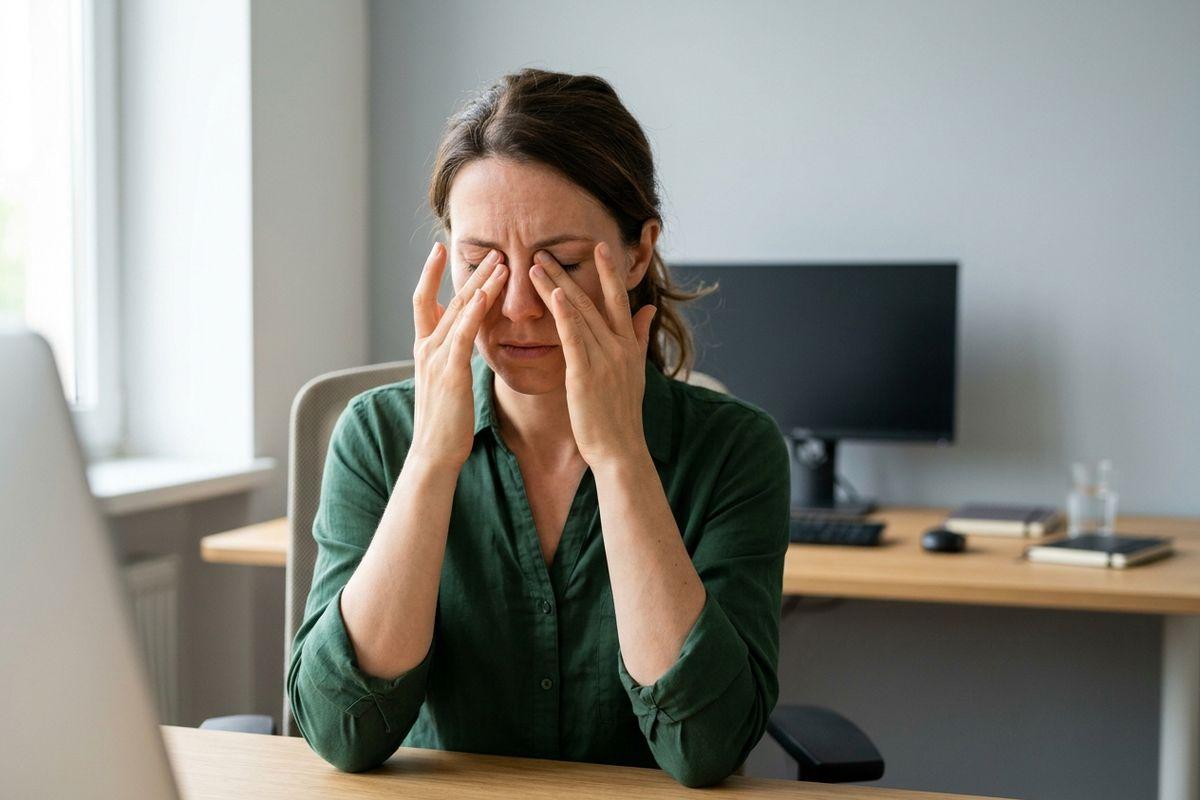 Person in green shirt rubbing eyes with both hands at a desk with a computer monitor.